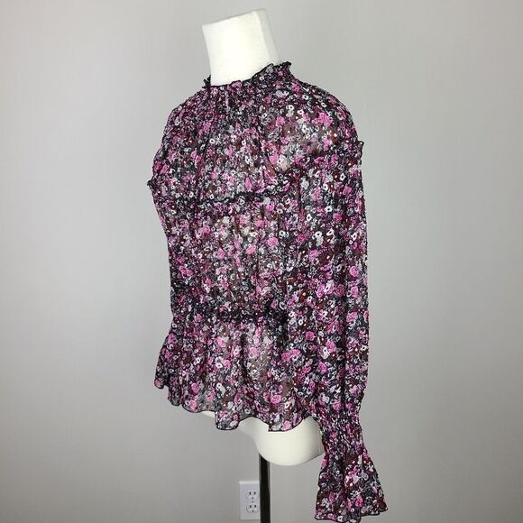 Zara Black & Pink Floral Mock Neck Peplum Blouse XS - Picture 8 of 16